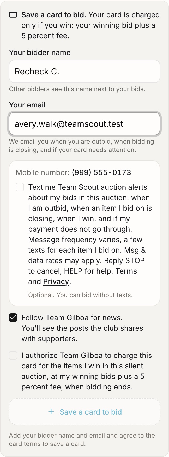 The bidder registration step on a phone, with the text alerts checkbox not ticked