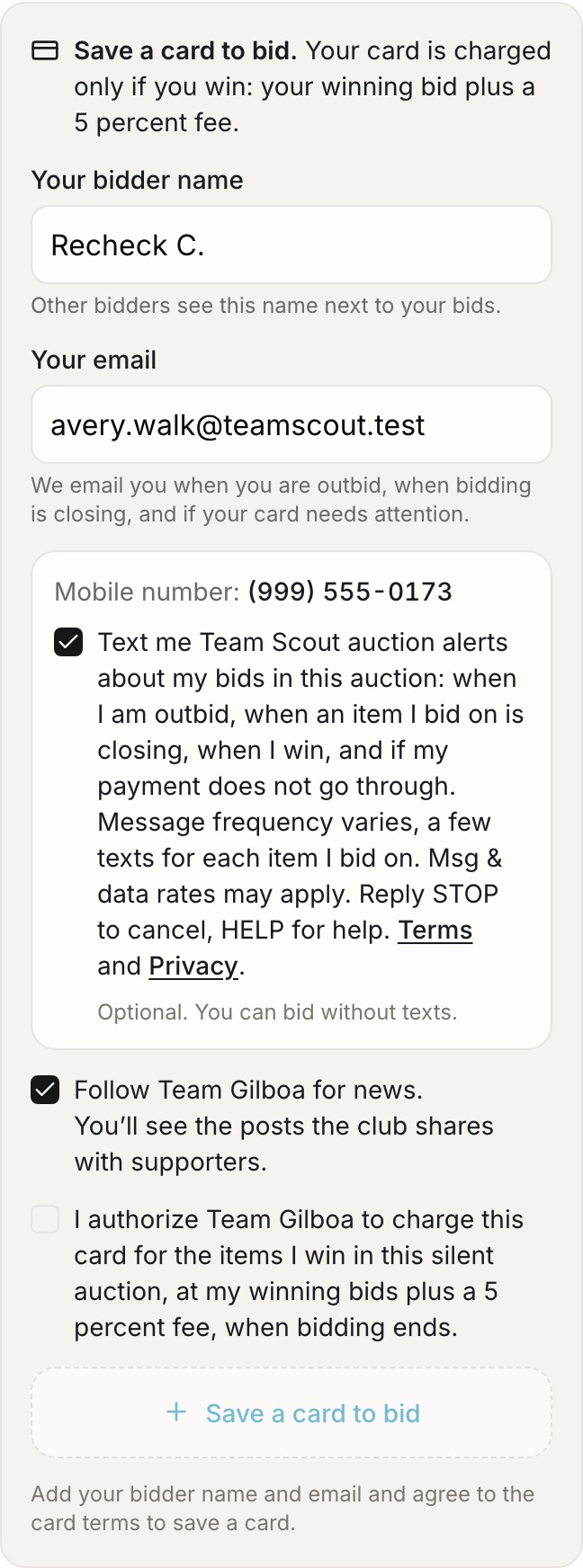 The bidder registration step on a phone, with the text alerts checkbox ticked by the bidder