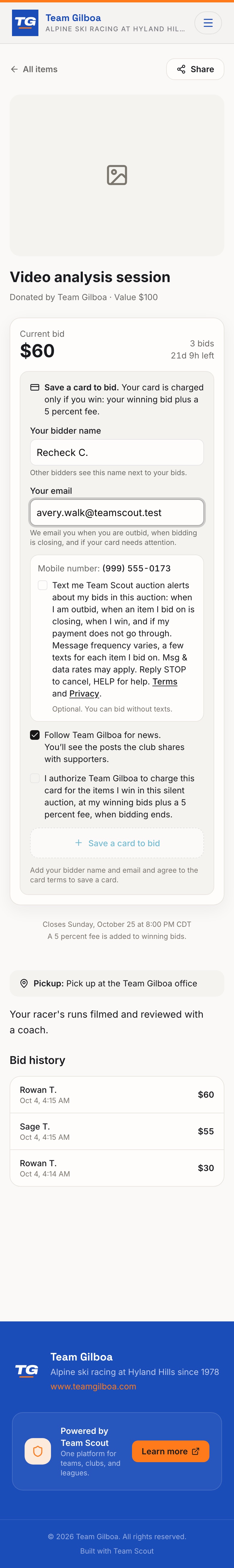 The full auction item page on a phone, with the bidder registration step below the item