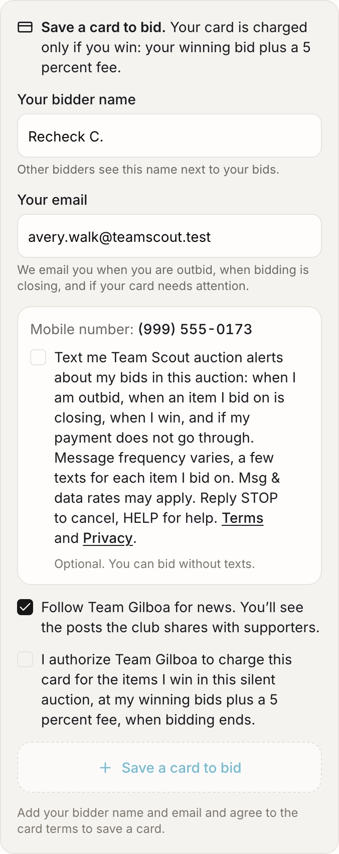 The bidder registration step on a computer, with the text alerts checkbox not ticked