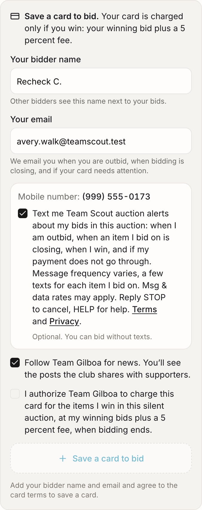 The bidder registration step on a computer, with the text alerts checkbox ticked