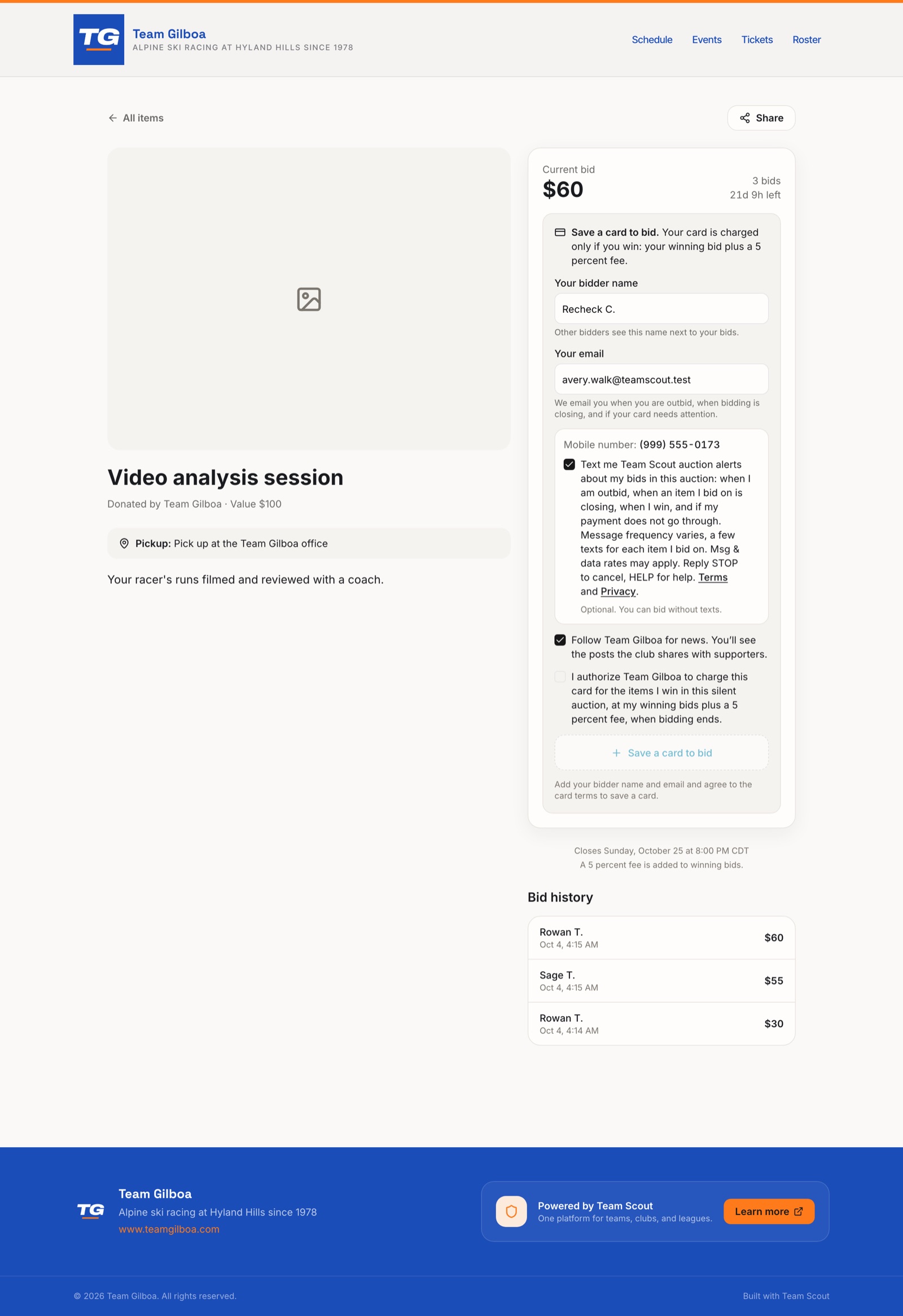 The full auction item page on a computer, with the bidder registration step beside the item